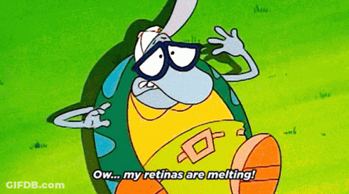 A Cartoon Character Says " Ow... My Retinas Are Melting " GIF