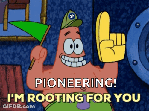 A Cartoon Character Says Pioneering I 'M Rooting For You While Holding A Flag GIF