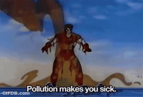 A Cartoon Character Says Pollution Makes You Sick While Standing In The Water GIF