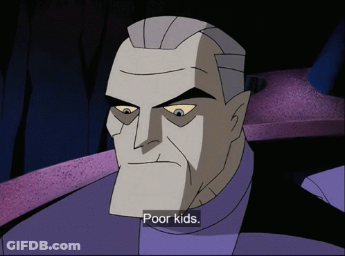 A Cartoon Character Says Poor Kids At The Bottom Of The Screen GIF