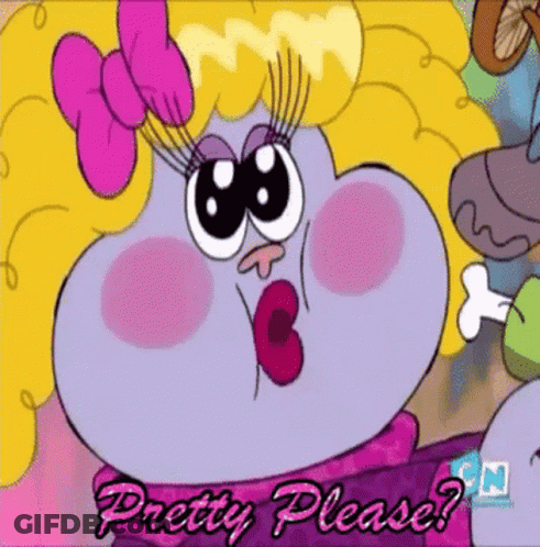 A Cartoon Character Says Pretty Please In A Pink Bow GIF