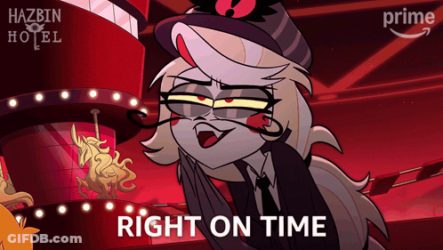 A Cartoon Character Says Right On Time In Front Of A Red Building GIF