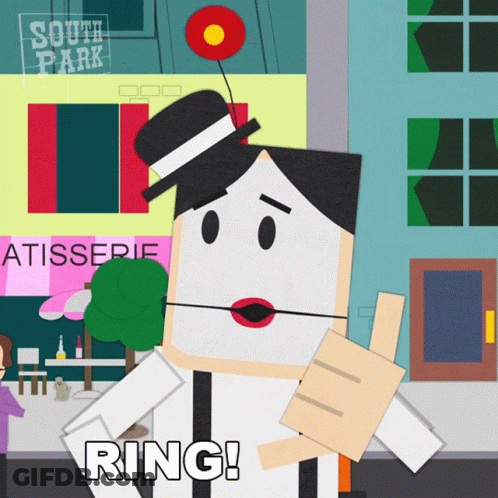 A Cartoon Character Says " Ring " In Front Of A South Park Store GIF