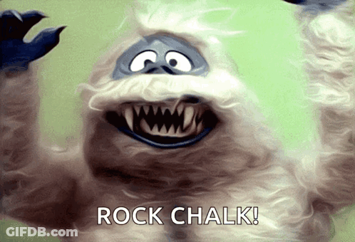 A Cartoon Character Says Rock Chalk In Front Of Him GIF