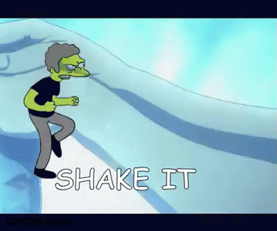 A Cartoon Character Says Shake It While Walking Down A Slide GIF