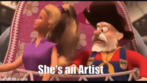 A Cartoon Character Says She 'S An Artist In Front Of A Barbie And A Cowboy GIF