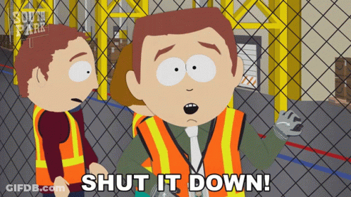 A Cartoon Character Says Shut It Down In A Warehouse GIF
