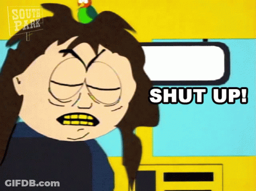 A Cartoon Character Says Shut Up In Front Of A Yellow Bus GIF