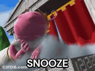 A Cartoon Character Says Snooze In Front Of A Clock That Reads 12:26 GIF