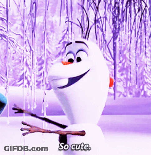 A Cartoon Character Says " So Cute " In Front Of A Snowy Forest GIF