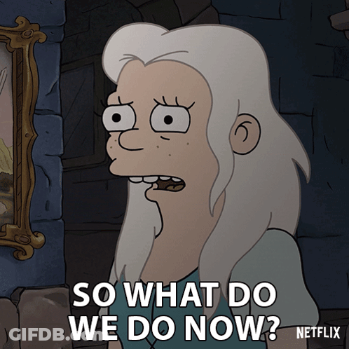 A Cartoon Character Says " So What Do We Do Now " In Front Of A Painting GIF