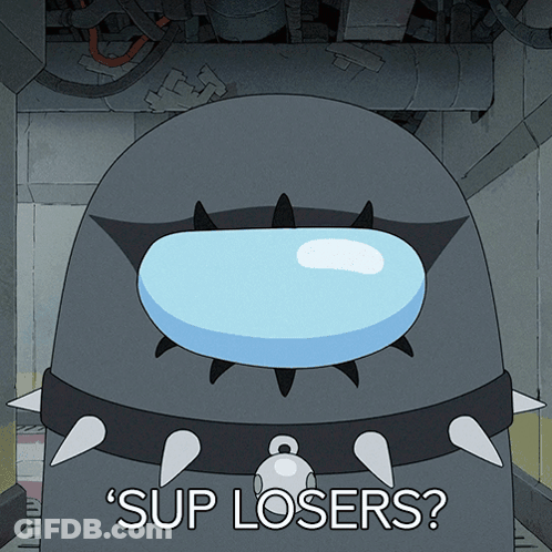 A Cartoon Character Says " Sup Losers " And Has Spikes On His Head GIF
