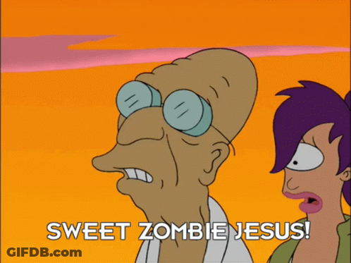 A Cartoon Character Says Sweet Zombie Jesus Next To A Woman GIF