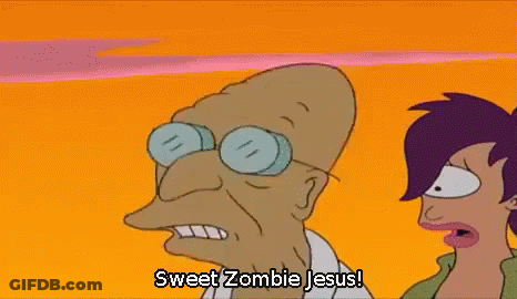 A Cartoon Character Says Sweet Zombie Jesus While Standing Next To Another Character GIF