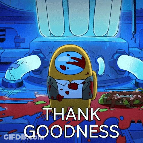 A Cartoon Character Says Thank Goodness In A Blue Room GIF