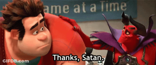 A Cartoon Character Says " Thanks Satan " Next To Another Character GIF