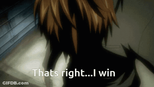 A Cartoon Character Says " Thats Right I Win " In A Dark Room GIF