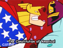 A Cartoon Character Says The Constitution Of America In Front Of A Flag GIF