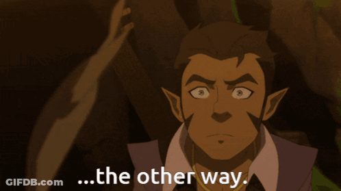 A Cartoon Character Says " The Other Way " In Front Of A Tree Branch GIF