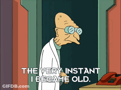 A Cartoon Character Says " The Very Instant I Became Old " In Front Of A Red Phone GIF