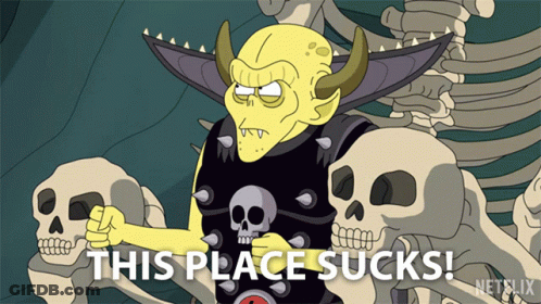 A Cartoon Character Says This Place Sucks In Front Of A Pile Of Skulls GIF