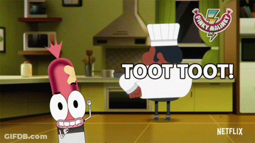 A Cartoon Character Says Toot Toot While Standing Next To Another Character GIF