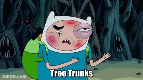 A Cartoon Character Says Tree Trunks In Front Of A Forest GIF