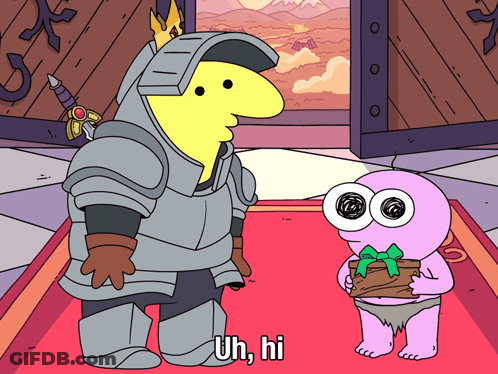 A Cartoon Character Says Uh Hi While Holding A Present GIF
