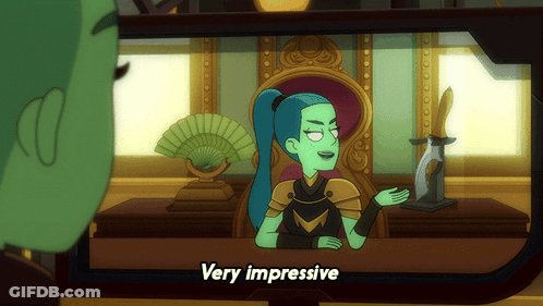 A Cartoon Character Says Very Impressive In Front Of A Camera GIF