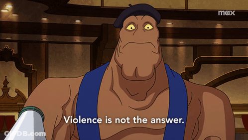 A Cartoon Character Says " Violence Is Not The Answer " While Holding A Knife GIF