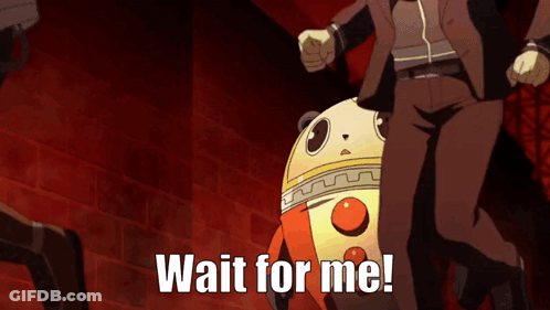 A Cartoon Character Says Wait For Me In Front Of A Man GIF