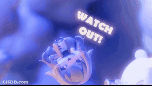 A Cartoon Character Says Watch Out In A Blue Background GIF