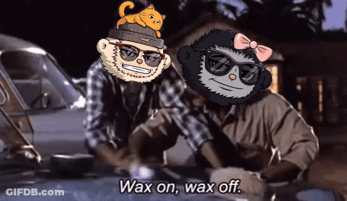 A Cartoon Character Says Wax On Wax Off In Front Of A Car GIF