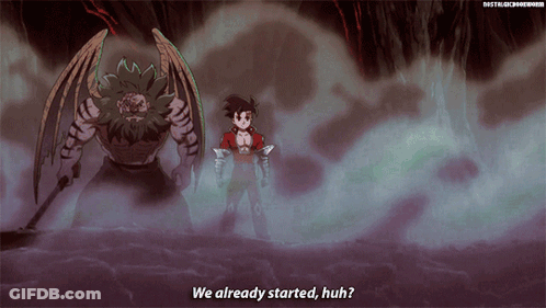 A Cartoon Character Says We Already Started Huh In Front Of A Demon GIF