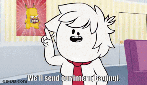 A Cartoon Character Says " We 'Ll Send Our Intern Bagini " GIF