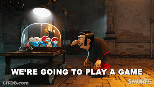 A Cartoon Character Says We 'Re Going To Play A Game With Smurfs GIF