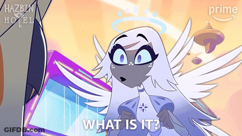A Cartoon Character Says What Is It In Front Of A Hazblin Hotel Logo GIF