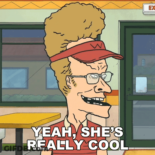 A Cartoon Character Says " Yeah She 'S Really Cool " In A Fast Food Restaurant GIF