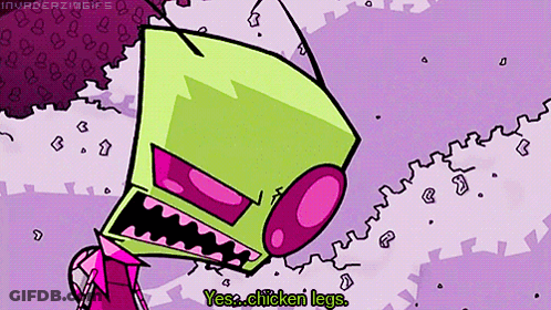 A Cartoon Character Says Yes Chicken Legs In A Purple Background GIF
