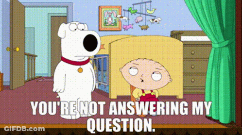 A Cartoon Character Says " You 'Re Not Answering My Question " In Front Of A Crib GIF