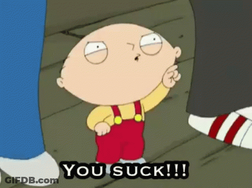 A Cartoon Character Says You Suck While Standing Next To A Person GIF