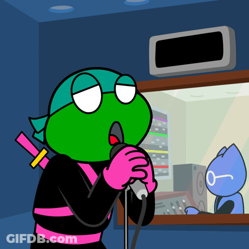 A Cartoon Character Singing Into A Microphone In Front Of A Cat GIF