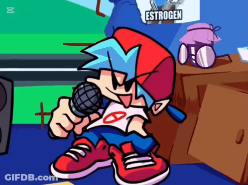 A Cartoon Character Singing Into A Microphone With The Word Estrogen Written On The Wall Behind Him GIF