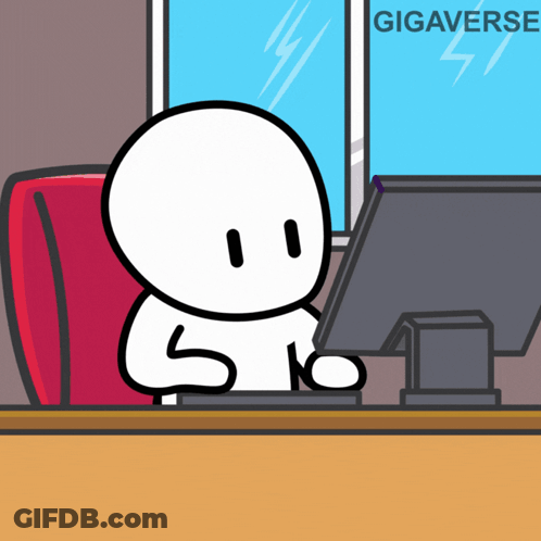 A Cartoon Character Sits At A Desk In Front Of A Computer With Gigaverse Written On The Bottom GIF