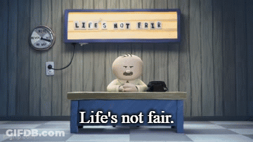 A Cartoon Character Sits At A Desk Under A Sign That Says Life 'S Not Friar GIF