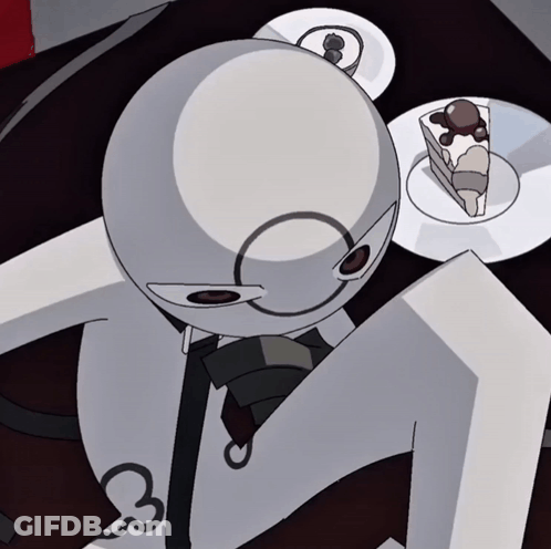 A Cartoon Character Sits At A Table With A Piece Of Cake On It GIF
