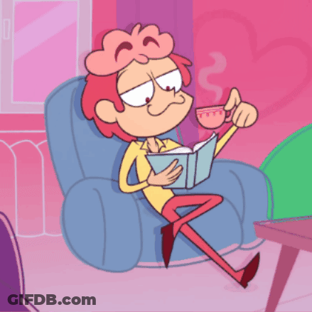 A Cartoon Character Sits In A Chair Reading A Book And Drinking A Cup Of Coffee GIF