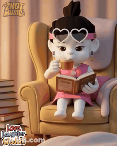 A Cartoon Character Sits In A Chair Reading A Book And Drinking Coffee GIF