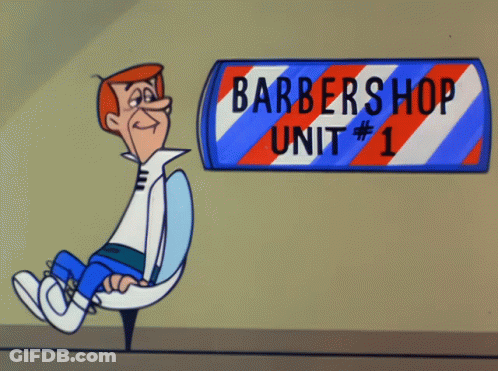 A Cartoon Character Sits In Front Of A Barbershop Sign GIF