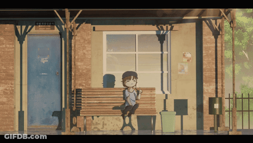A Cartoon Character Sits On A Bench In Front Of A Building That Says George 'S GIF